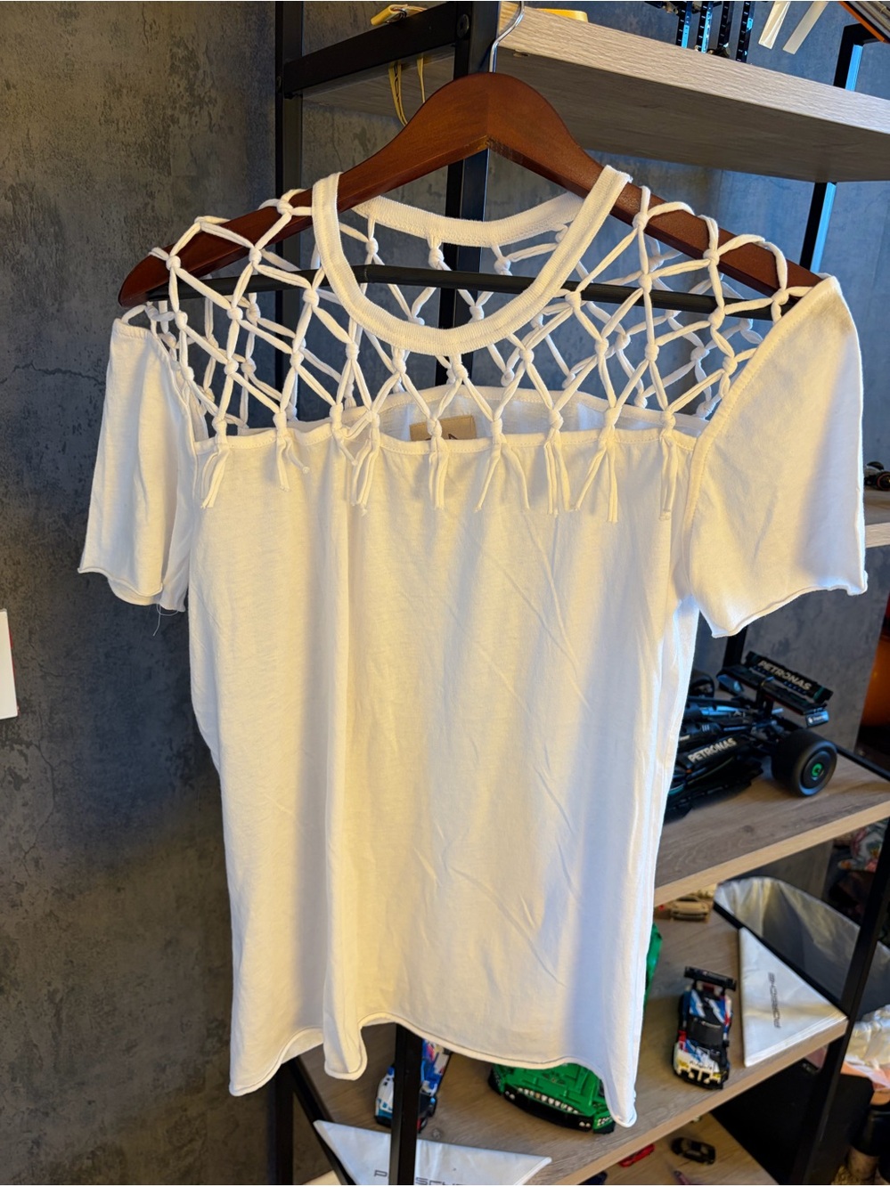 Chaser White Cold-Shoulder Macramé Yoke Tee